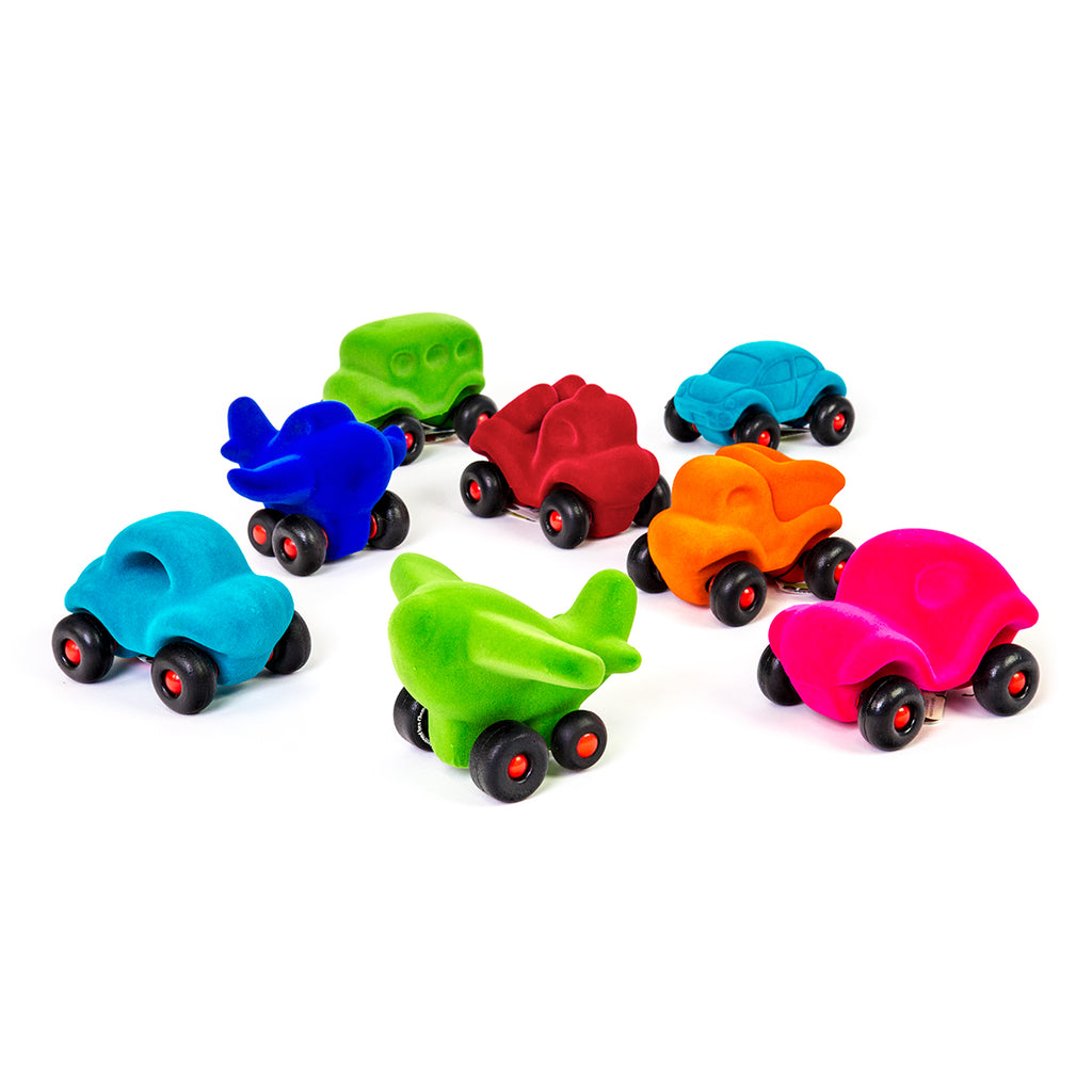 Rubbabu® Little Vehicle Assortment with 8 vehicle toys in assorted bright colors and different styles.