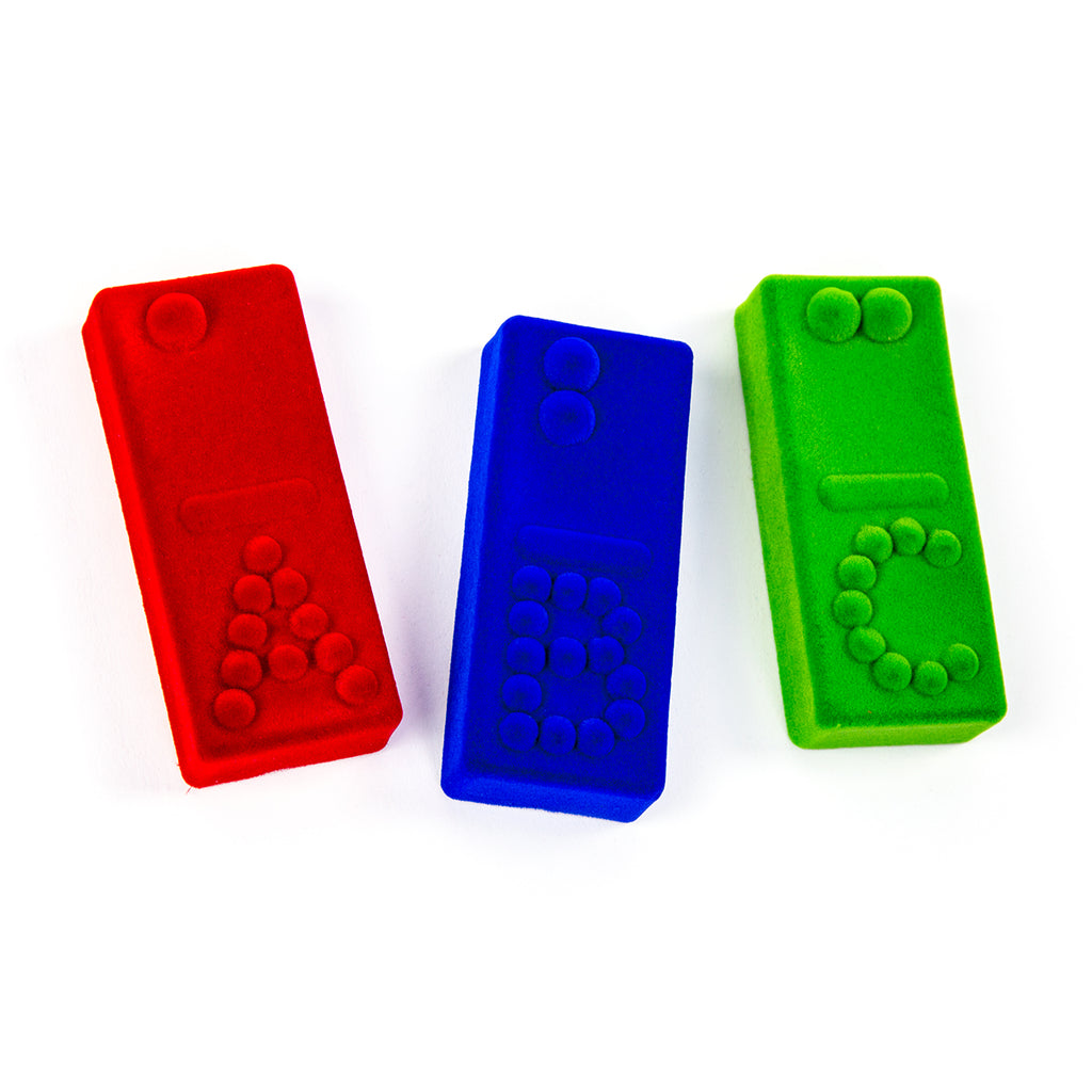 Rubbabu® Braille Alphabet Set with close up of green, blue, and red colors. 