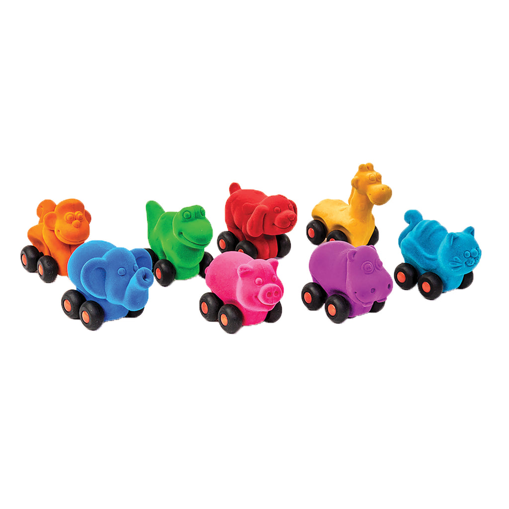 Rubbabu Aniwheelie Assortment of 8 Animal Vehicles on wheels. Animals are a red dog, yellow giraffe, blue hippo, blue cat, pink pig, green dinosaur, red monkey, and blue elephant.