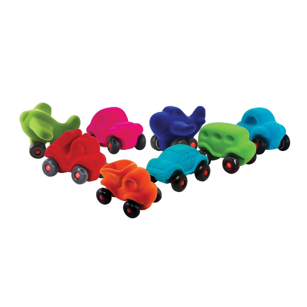 Rubbabu® Little Vehicle Assortment with 8 vehicle toys in assorted bright colors and different styles.