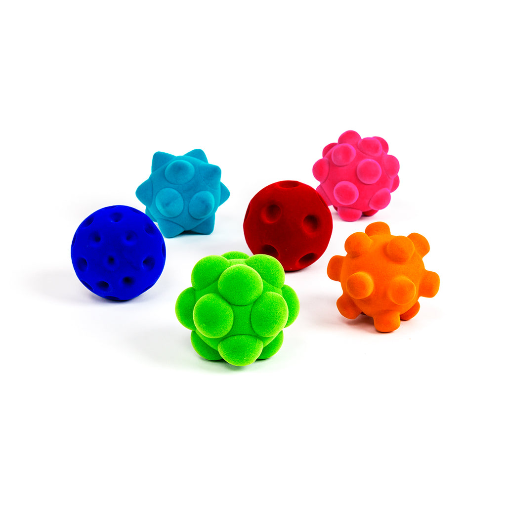 Six medium-sized sensory balls in assorted bright colors with different textures that help with early childhood development. 