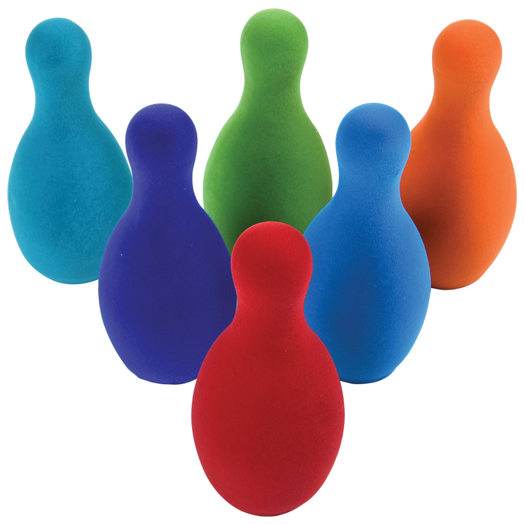 Close up of the six bowling pins in bright colors that include red, blue, green, and orange.