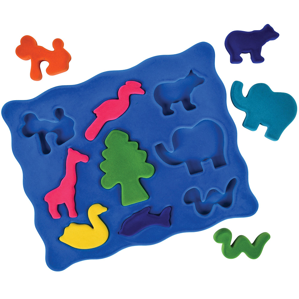 3D shape sorter with blue base and colorful soft animal pieces that fit into the base like a puzzle.