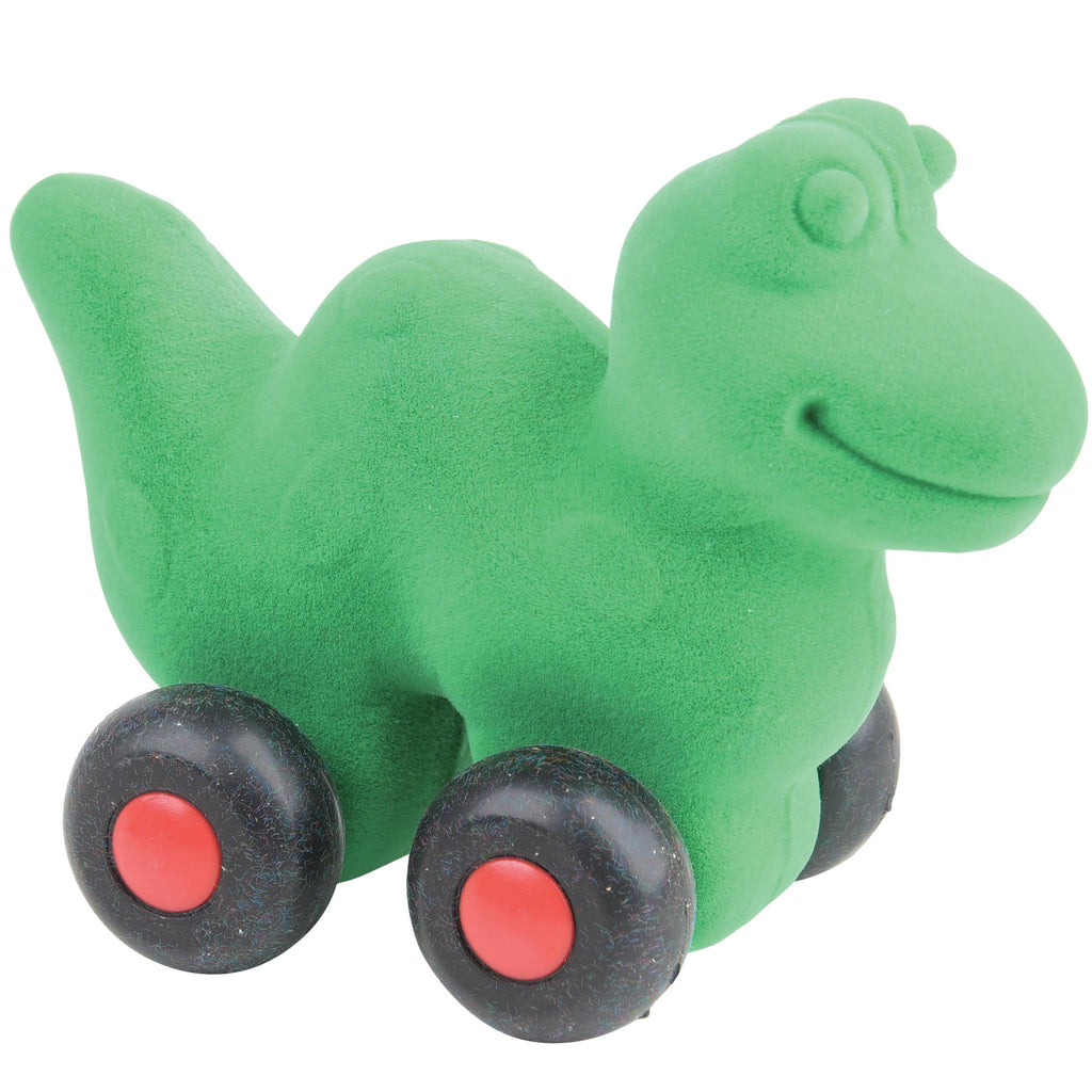 Green dinosaur aniwheelie with black wheels.