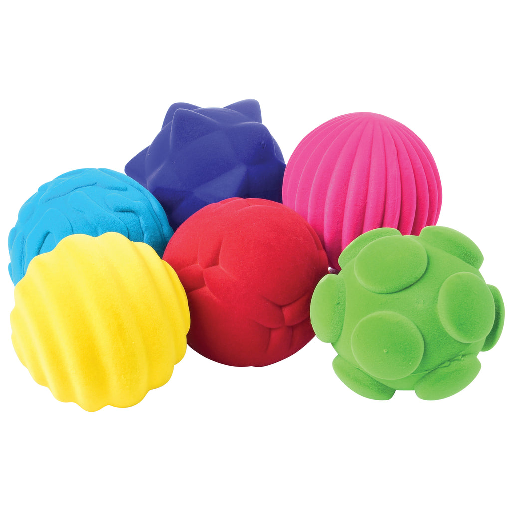 Rubbabu® Whacky Ball Assortment with a pink ball, green ball, red ball, blue ball, turquoise ball, and yellow ball that each have a different texture.