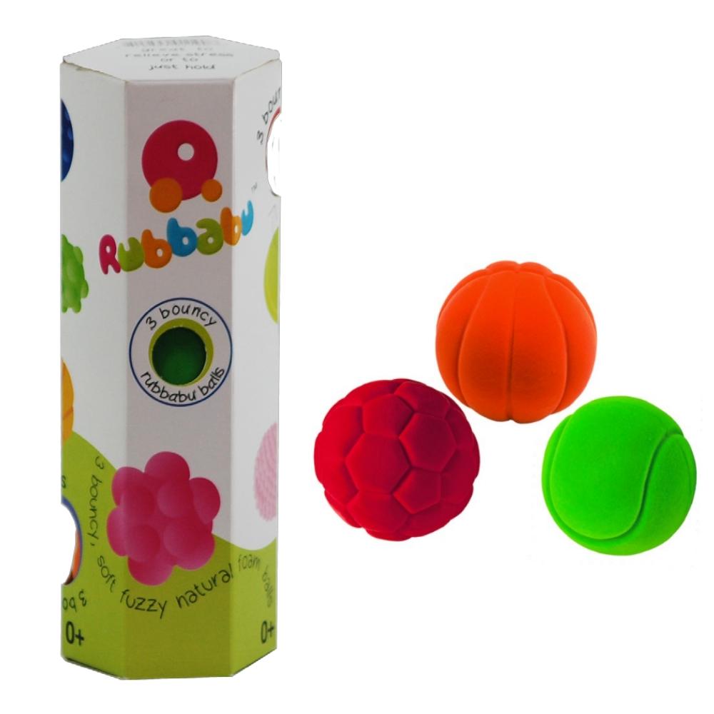 Rubbabu® Small Sports Balls showing all 3 in the set. Includes the green baseball, red soccer ball, and orange basketball with storage case.