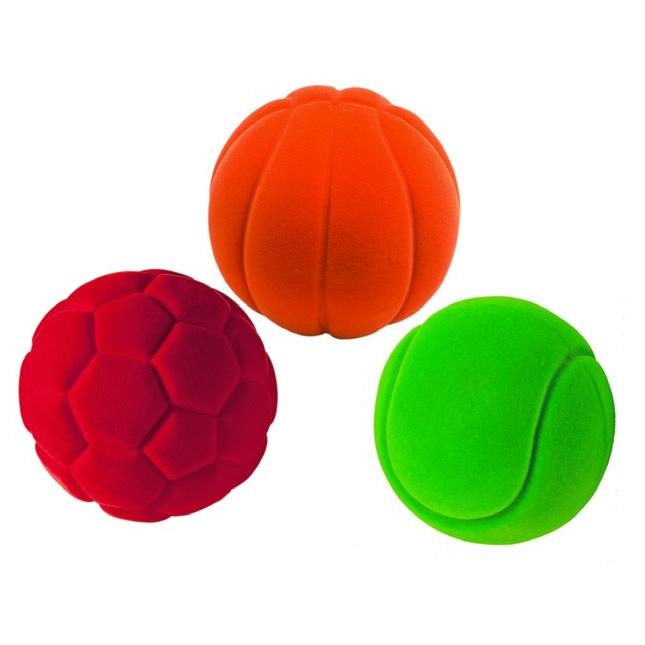 Rubbabu® Small Sports Balls showing all 3 in the set. Includes the green baseball, red soccer ball, and orange basketball.