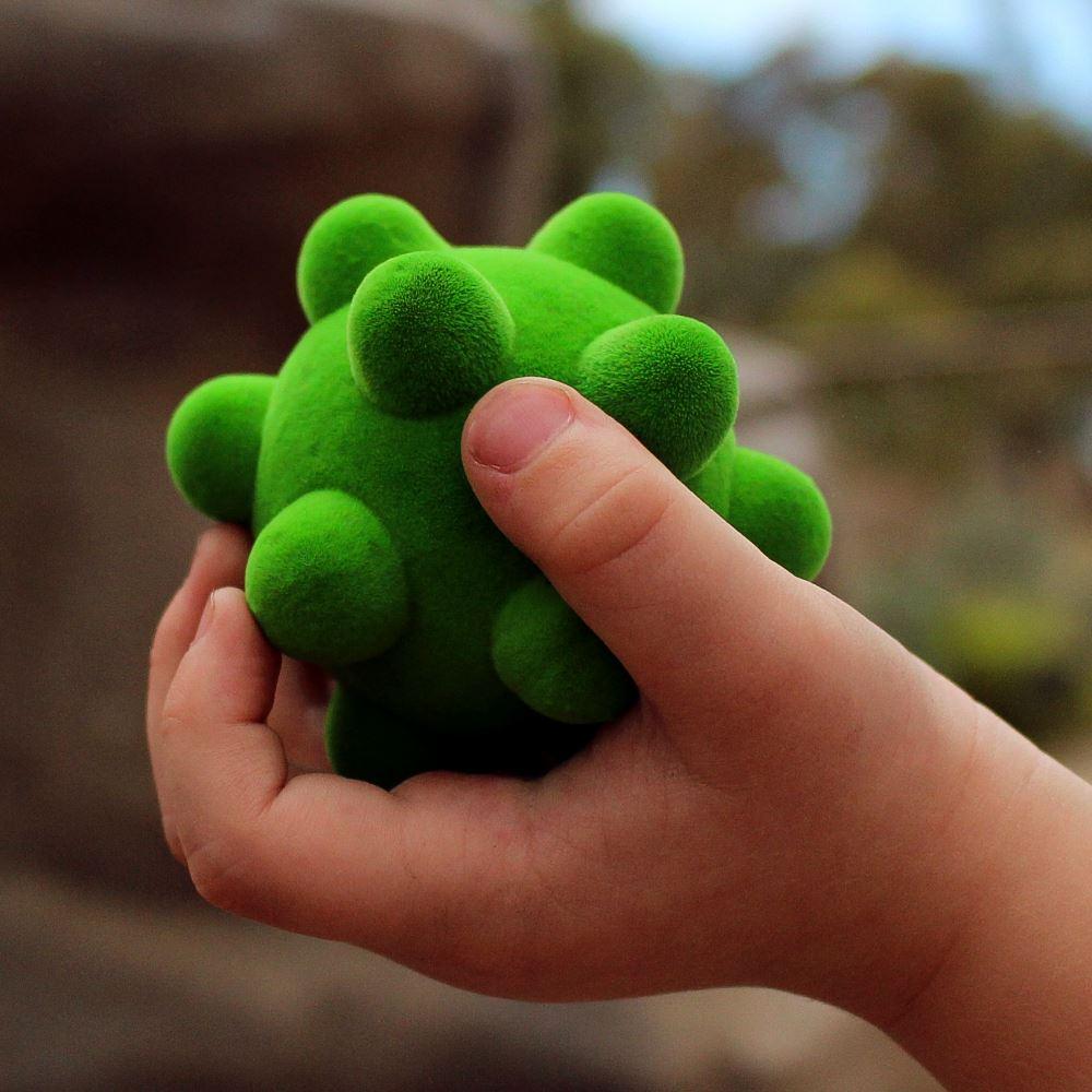 Child holding a Rubbabu® Stress Balls 2.5" Bumpy Green Ball.